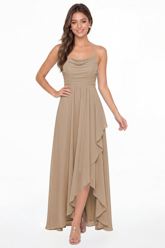 Taupe Cowl Neck Chiffon High Low Bridesmaid Dress - Front View