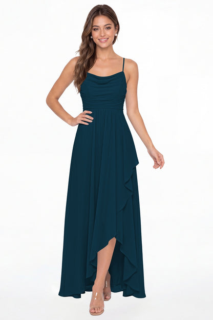 Teal Cowl Neck Chiffon High Low Bridesmaid Dress - Front View