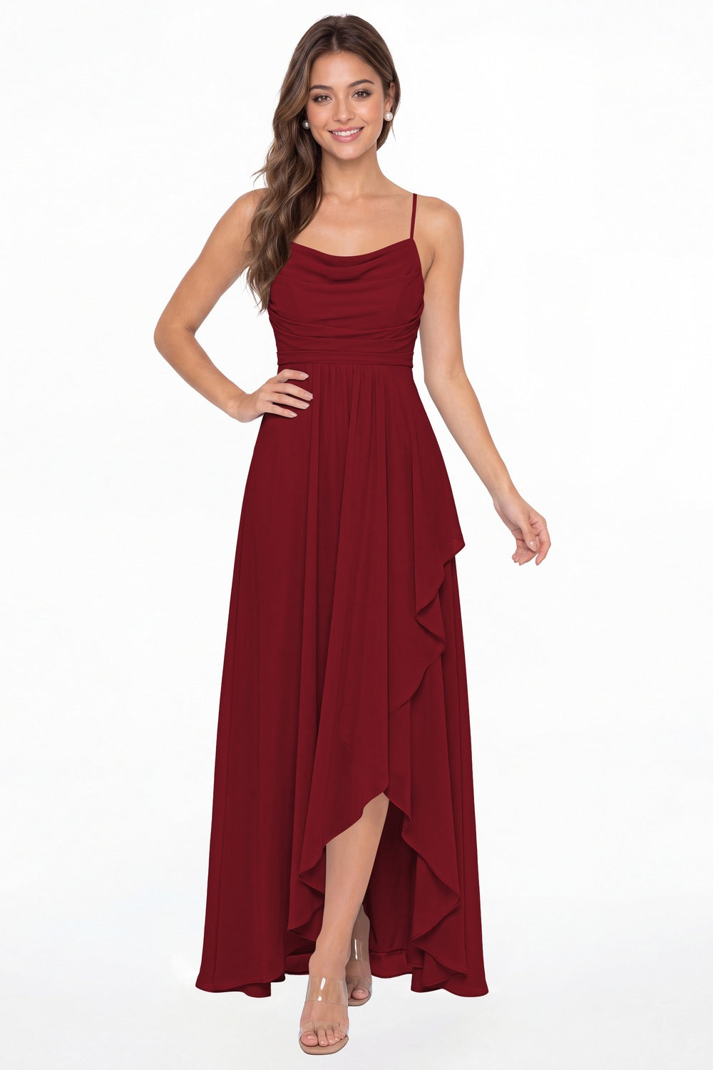 Wine Red Cowl Neck Chiffon High Low Bridesmaid Dress - Front View