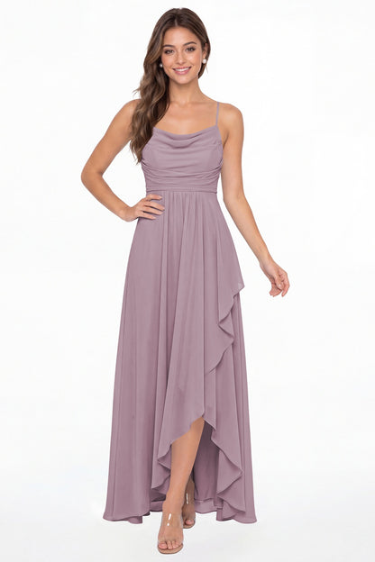 Wisteria Cowl Neck Chiffon High Low Bridesmaid Dress - Front View