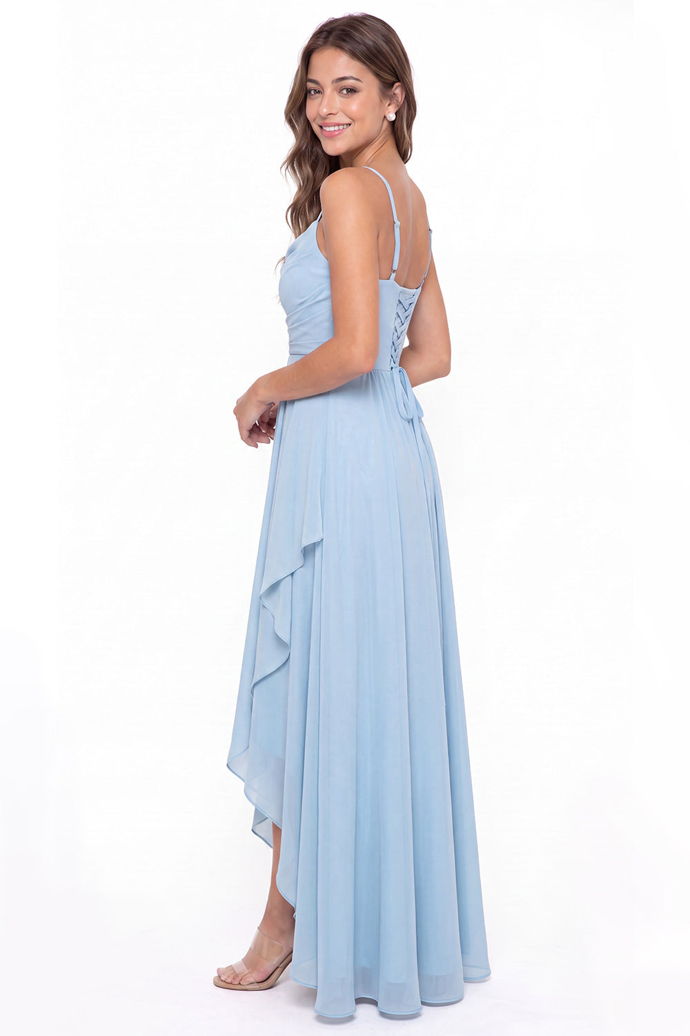 Cowl Neck Chiffon High Low Bridesmaid Dress - Detail View 2