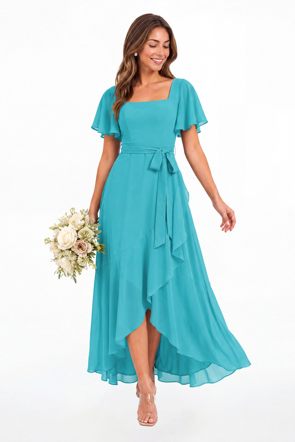 Sage Green Flutter Sleeve Lace-Up Back Chiffon Maxi Dress - Front View