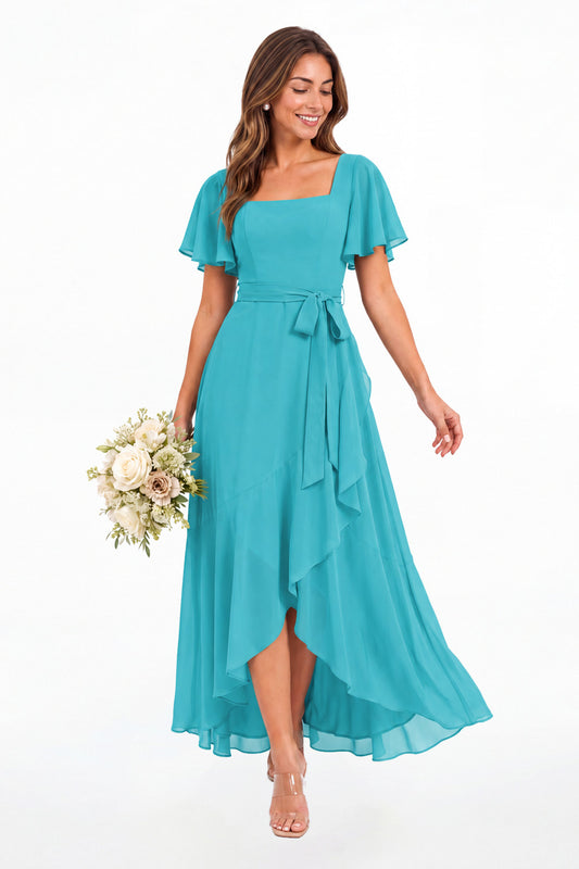 Sage Green Flutter Sleeve Lace-Up Back Chiffon Maxi Dress - Front View