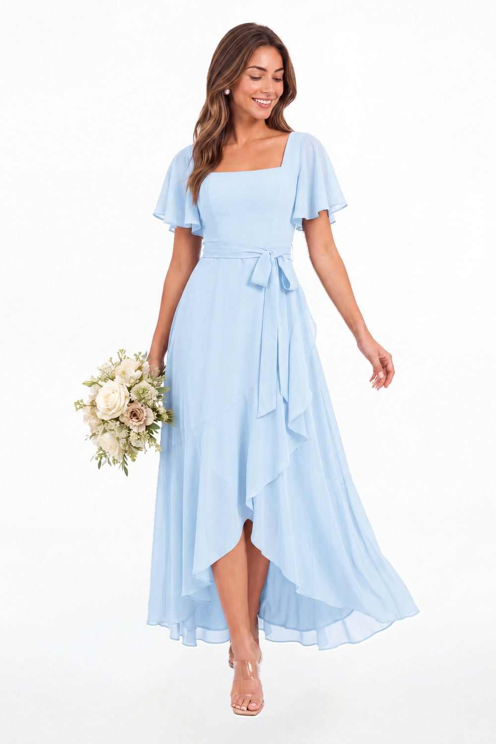 Baby Blue Flutter Sleeve Lace-Up Back Chiffon Maxi Dress - Front View