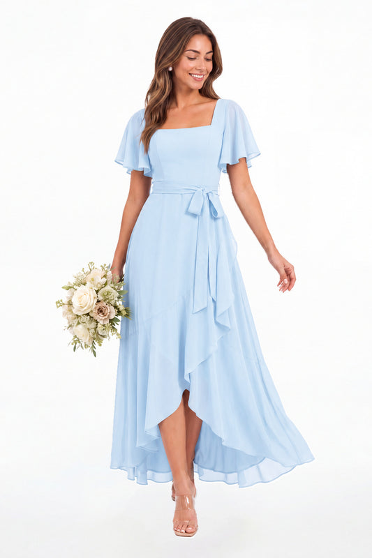 Baby Blue Flutter Sleeve Lace-Up Back Chiffon Maxi Dress - Front View