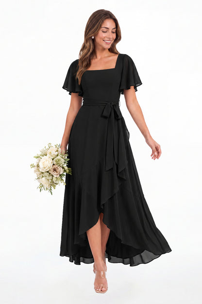 Black Flutter Sleeve Lace-Up Back Chiffon Maxi Dress - Front View