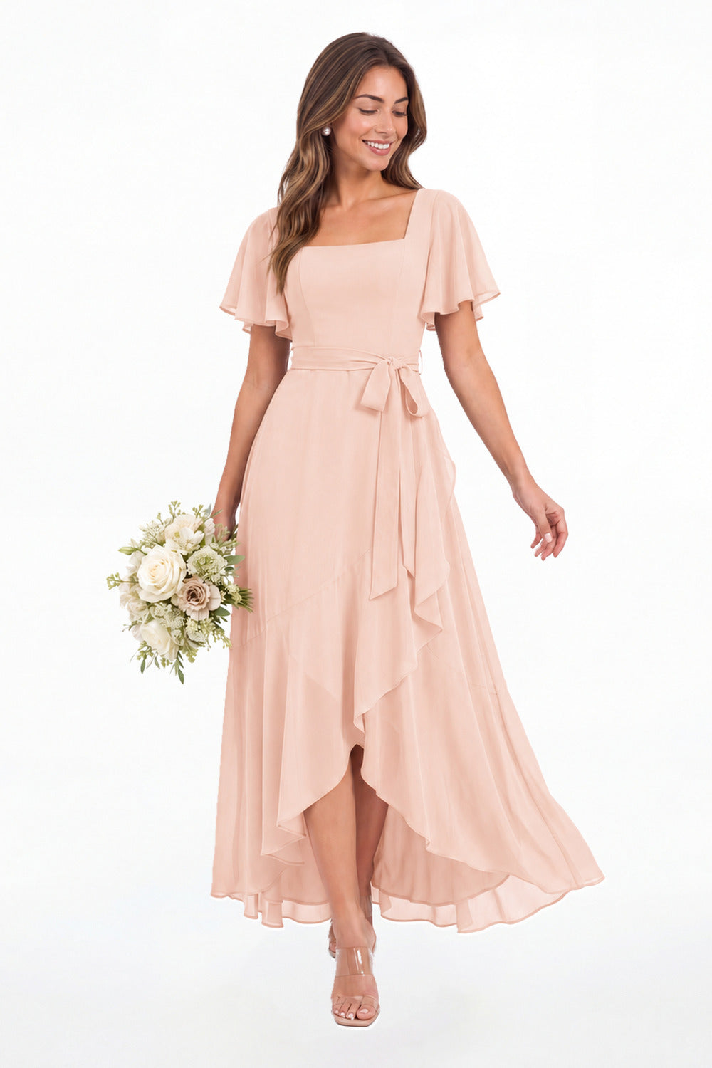 Blush Pink Flutter Sleeve Lace-Up Back Chiffon Maxi Dress - Front View