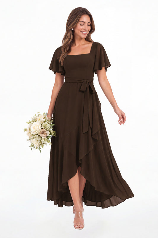 Brown Flutter Sleeve Lace-Up Back Chiffon Maxi Dress - Front View