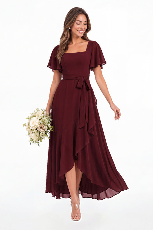 Burgundy Flutter Sleeve Lace-Up Back Chiffon Maxi Dress - Front View