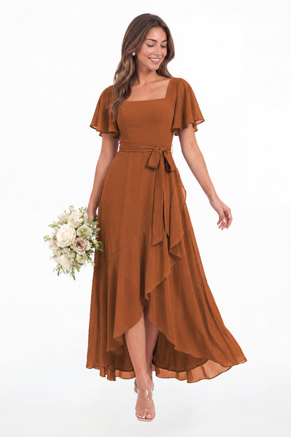 Burnt Orange Flutter Sleeve Lace-Up Back Chiffon Maxi Dress - Front View