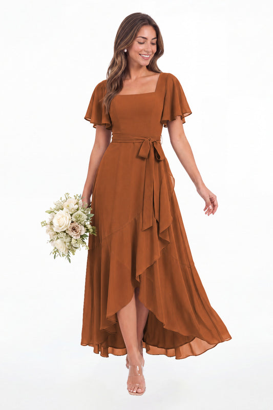 Burnt Orange Flutter Sleeve Lace-Up Back Chiffon Maxi Dress - Front View