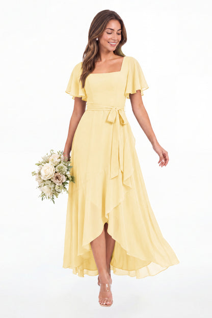 Yellow Flutter Sleeve Lace-Up Back Chiffon Maxi Dress - Front View
