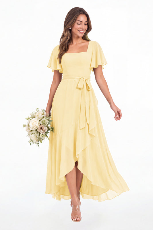 Yellow Flutter Sleeve Lace-Up Back Chiffon Maxi Dress - Front View