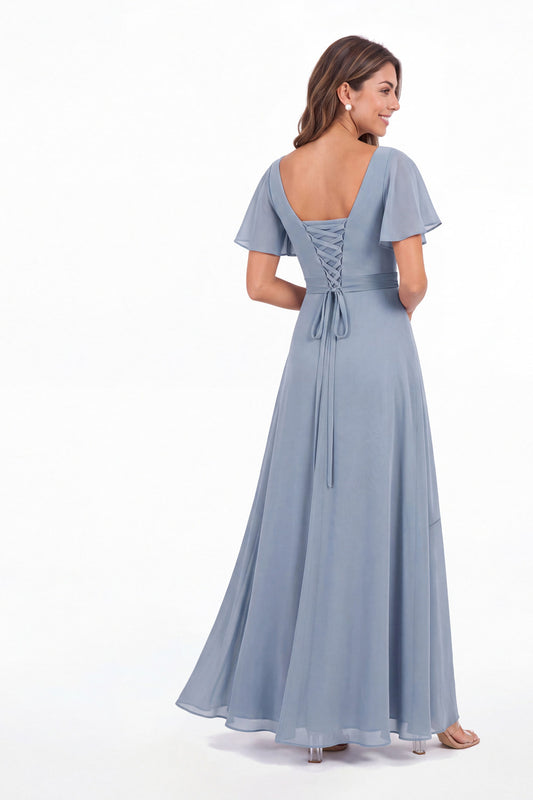 Dusty Blue Flutter Sleeve Lace-Up Back Chiffon Maxi Dress - Front View