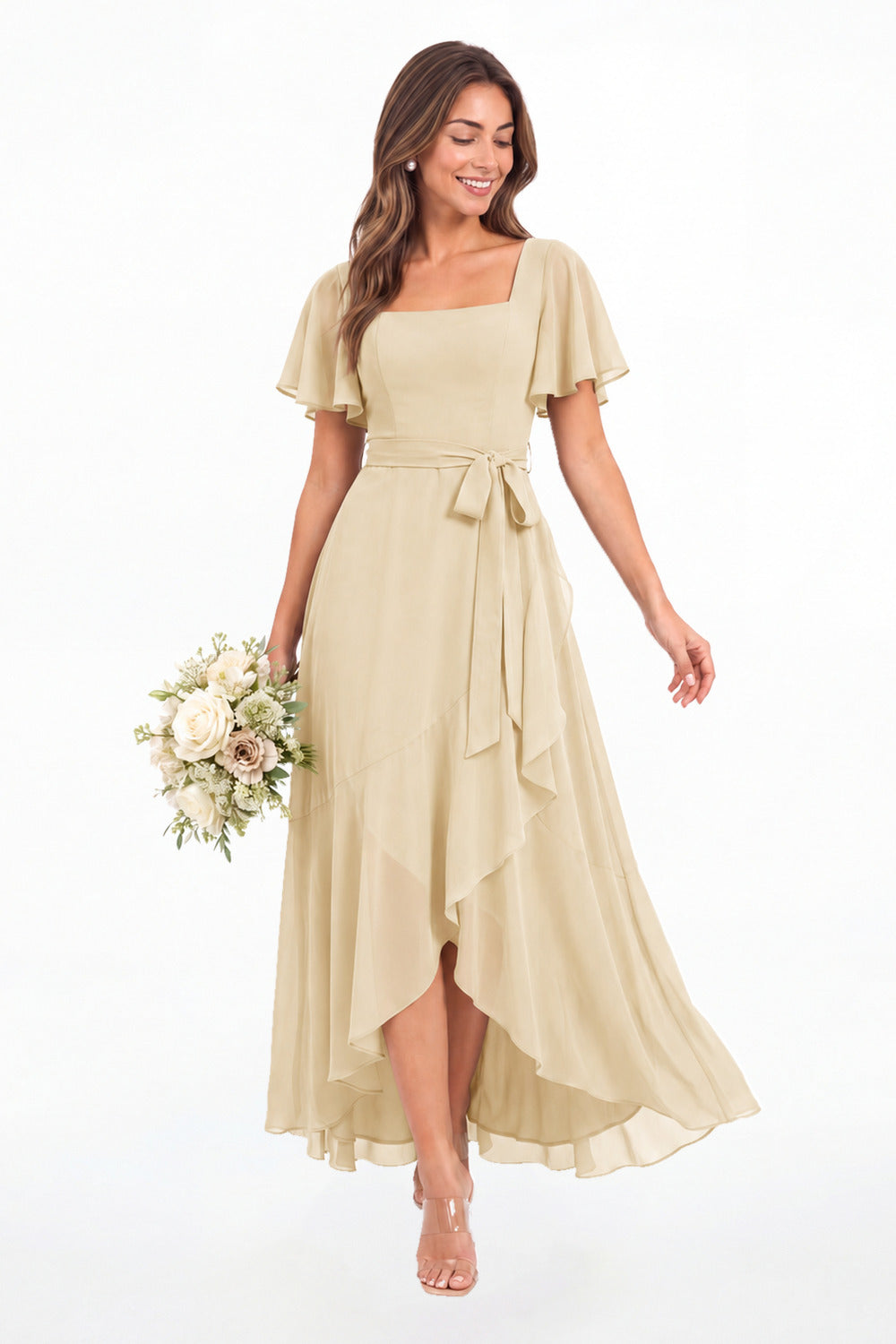 Champagne Flutter Sleeve Lace-Up Back Chiffon Maxi Dress - Front View