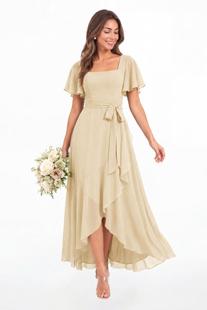 Champagne Flutter Sleeve Lace-Up Back Chiffon Maxi Dress - Front View