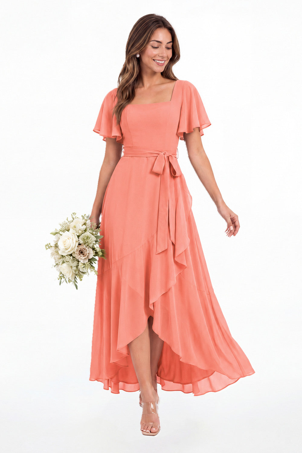 Coral Flutter Sleeve Lace-Up Back Chiffon Maxi Dress - Front View