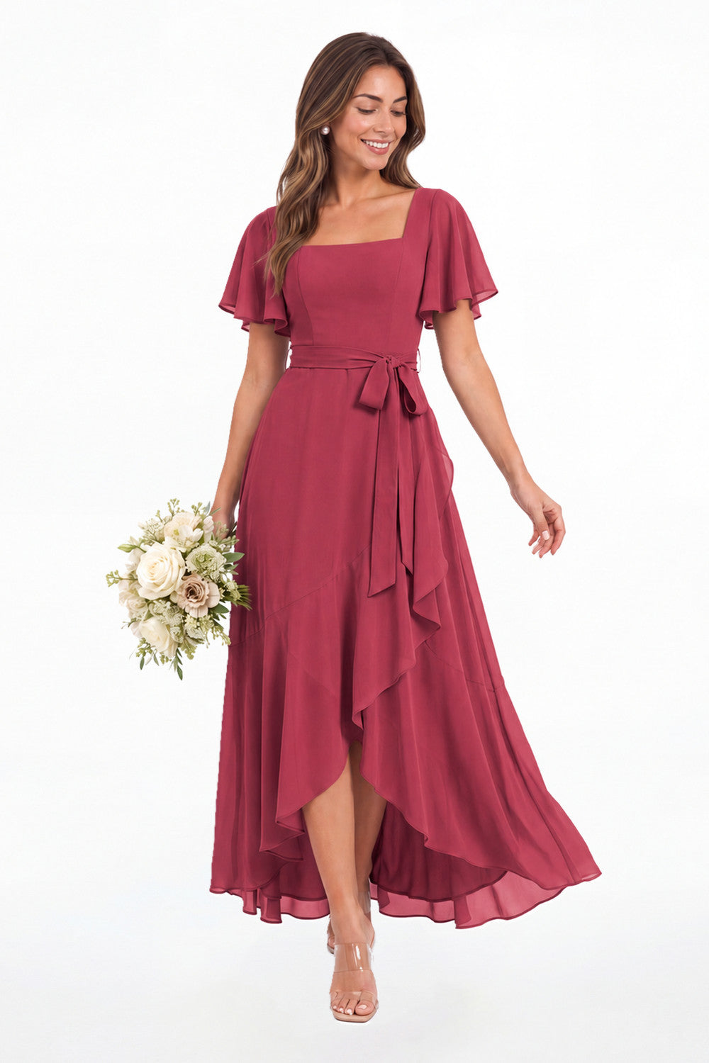 Sage Green Flutter Sleeve Lace-Up Back Chiffon Maxi Dress - Front View