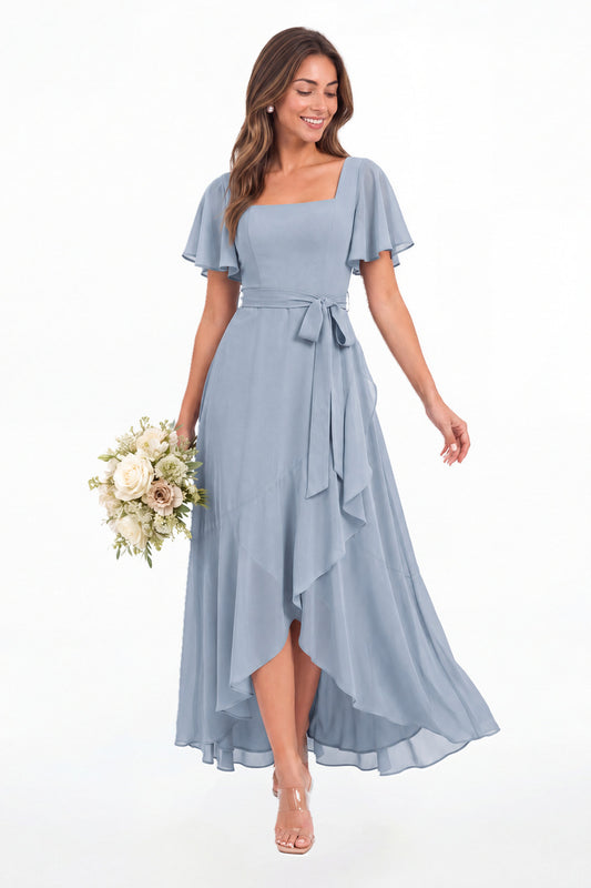 Dusty Blue Flutter Sleeve Lace-Up Back Chiffon Maxi Dress - Front View