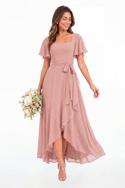 Dusty Rose Flutter Sleeve Lace-Up Back Chiffon Maxi Dress - Front View