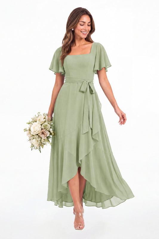 Dusty Sage Flutter Sleeve Lace-Up Back Chiffon Maxi Dress - Front View