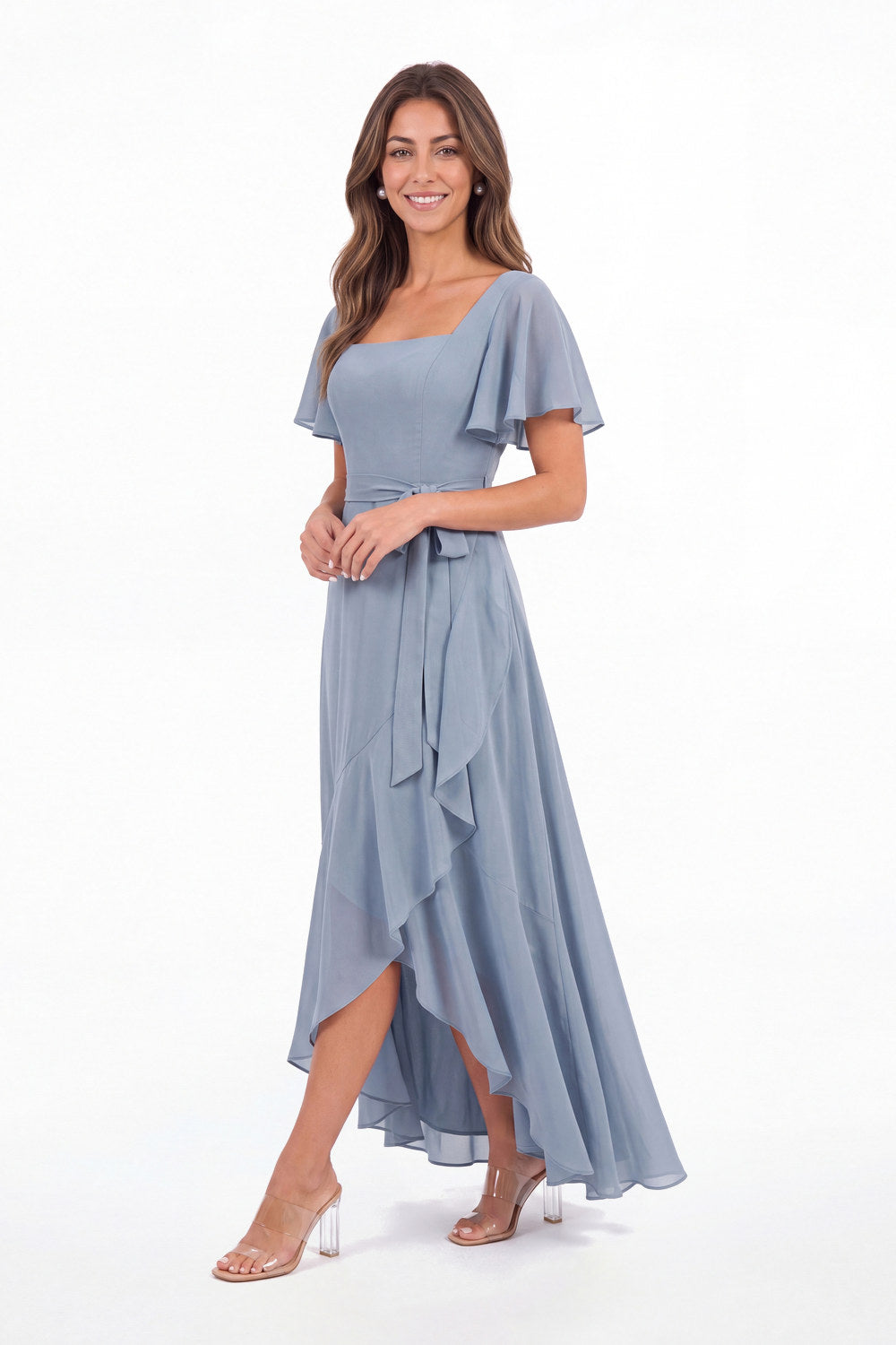 Flutter Sleeve Lace-Up Back Chiffon Maxi Dress - Back View
