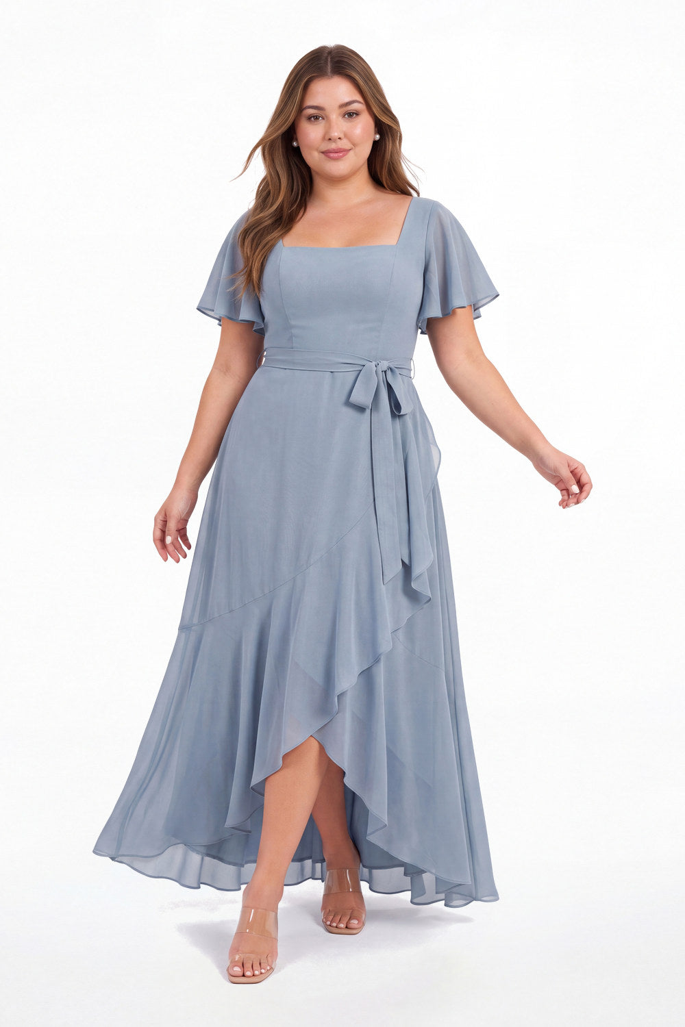 Flutter Sleeve Lace-Up Back Chiffon Maxi Dress - Detail View 2