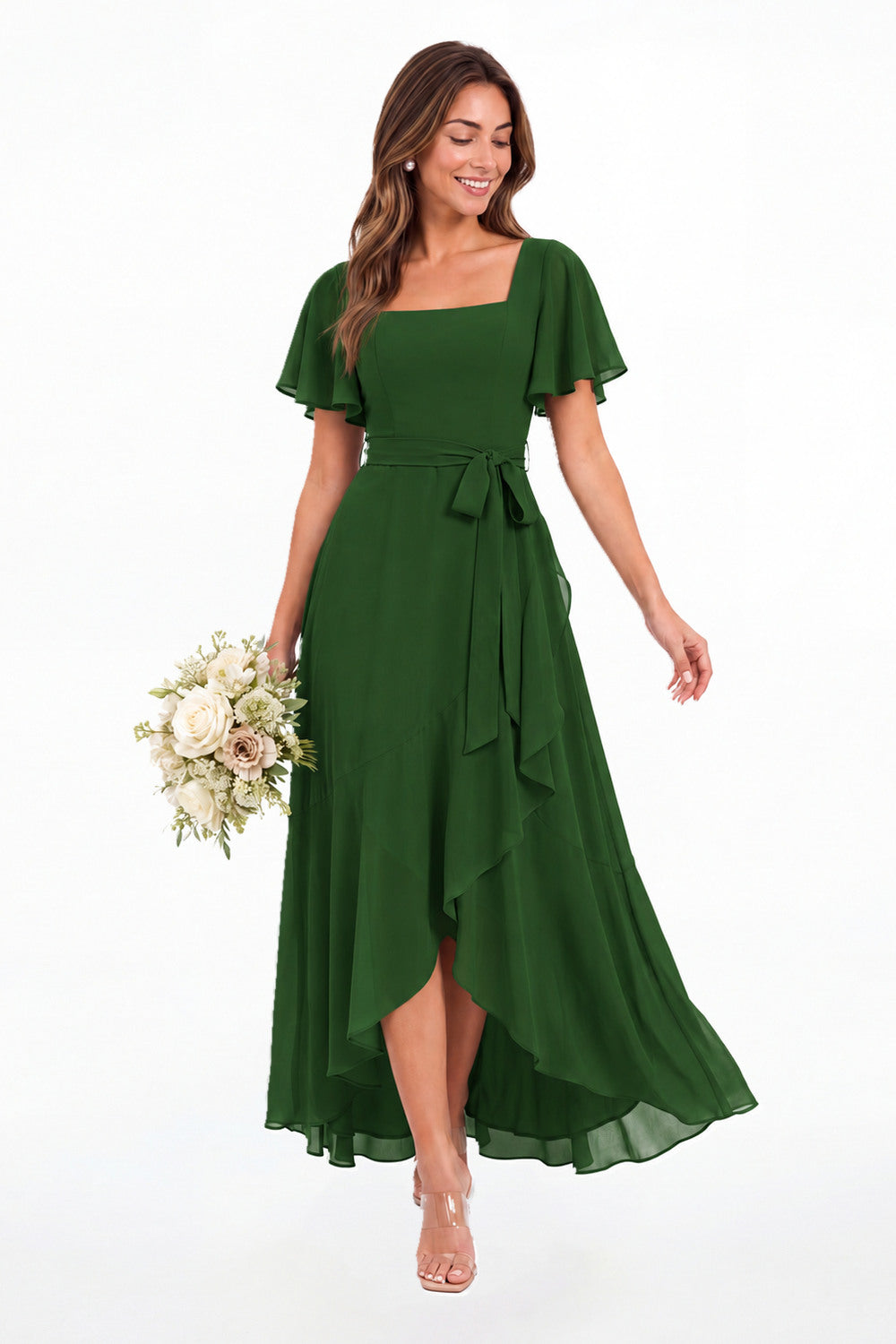 Emerald Green Flutter Sleeve Lace-Up Back Chiffon Maxi Dress - Front View