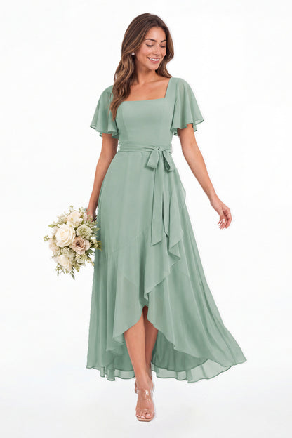 Sage Green Flutter Sleeve Lace-Up Back Chiffon Maxi Dress - Front View