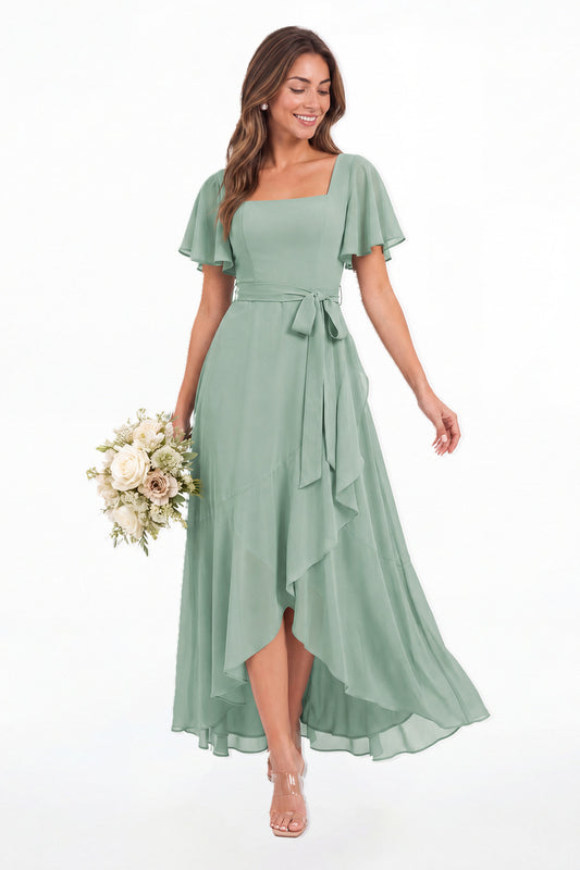 Sage Green Flutter Sleeve Lace-Up Back Chiffon Maxi Dress - Front View