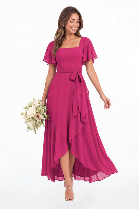 Fuchsia Flutter Sleeve Lace-Up Back Chiffon Maxi Dress - Front View