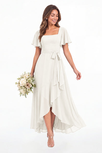 Ivory Flutter Sleeve Lace-Up Back Chiffon Maxi Dress - Front View