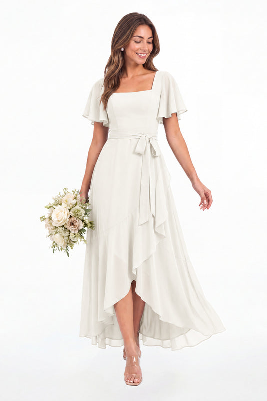 Ivory Flutter Sleeve Lace-Up Back Chiffon Maxi Dress - Front View