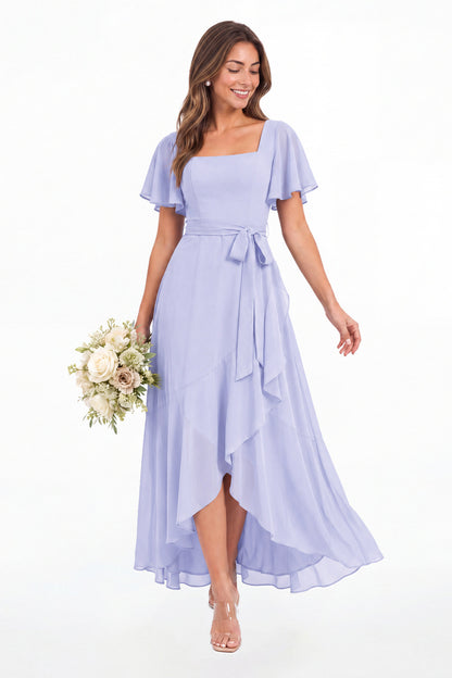 Sage Green Flutter Sleeve Lace-Up Back Chiffon Maxi Dress - Front View