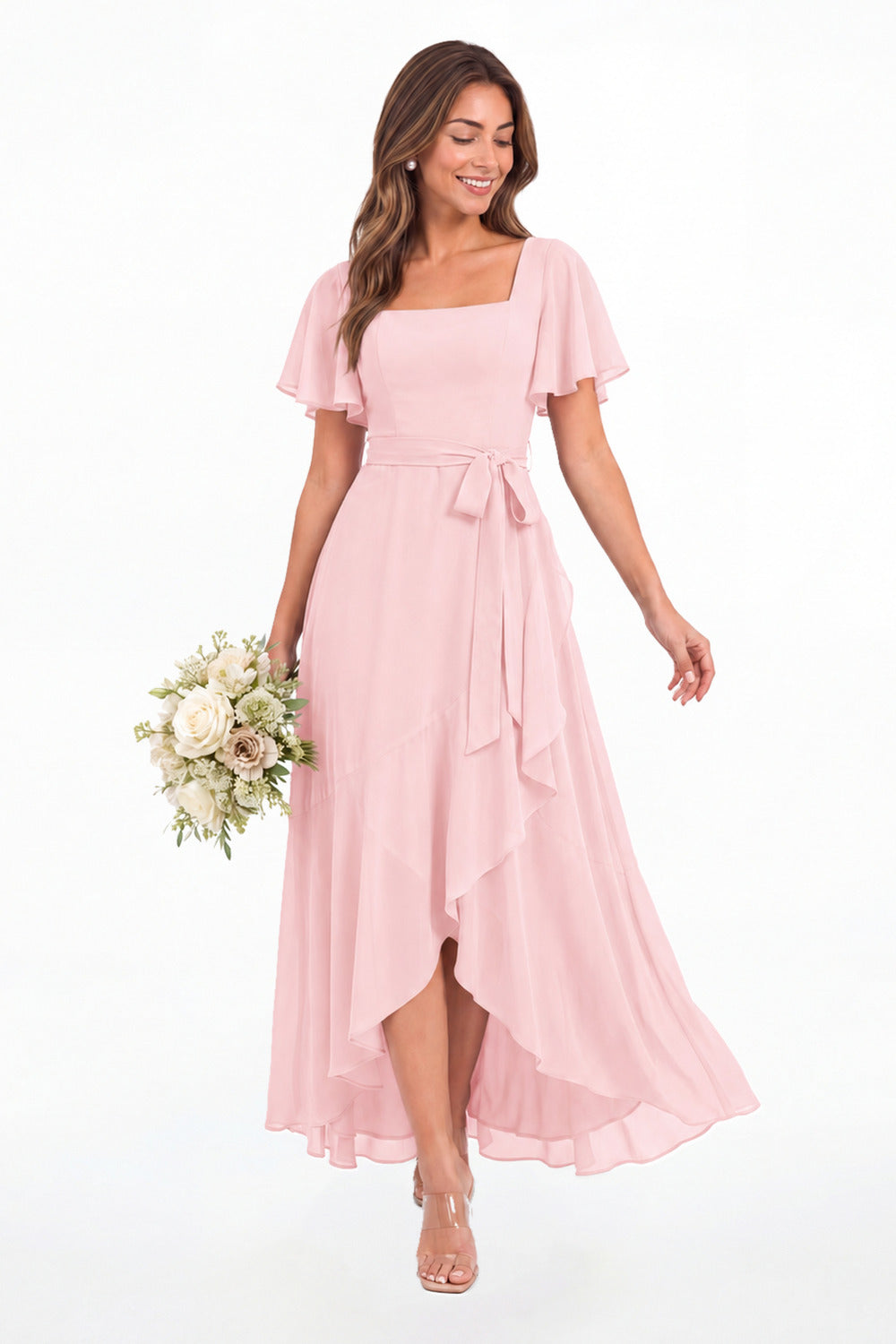 Light Pink Flutter Sleeve Lace-Up Back Chiffon Maxi Dress - Front View