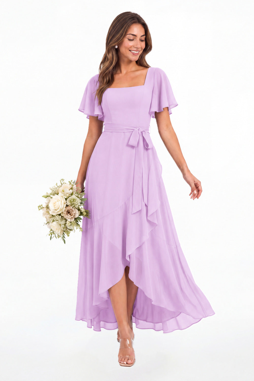 Lilac Flutter Sleeve Lace-Up Back Chiffon Maxi Dress - Front View