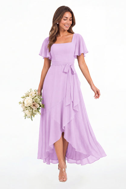 Lilac Flutter Sleeve Lace-Up Back Chiffon Maxi Dress - Front View