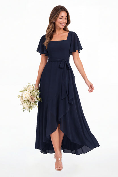 Navy Blue Flutter Sleeve Lace-Up Back Chiffon Maxi Dress - Front View