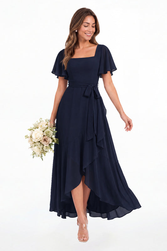 Navy Blue Flutter Sleeve Lace-Up Back Chiffon Maxi Dress - Front View