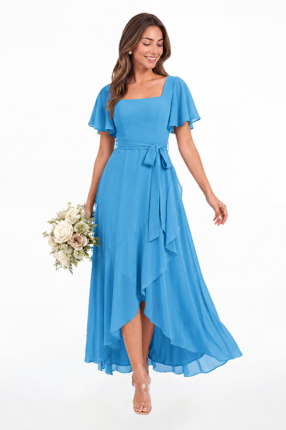 Blue Flutter Sleeve Lace-Up Back Chiffon Maxi Dress - Front View