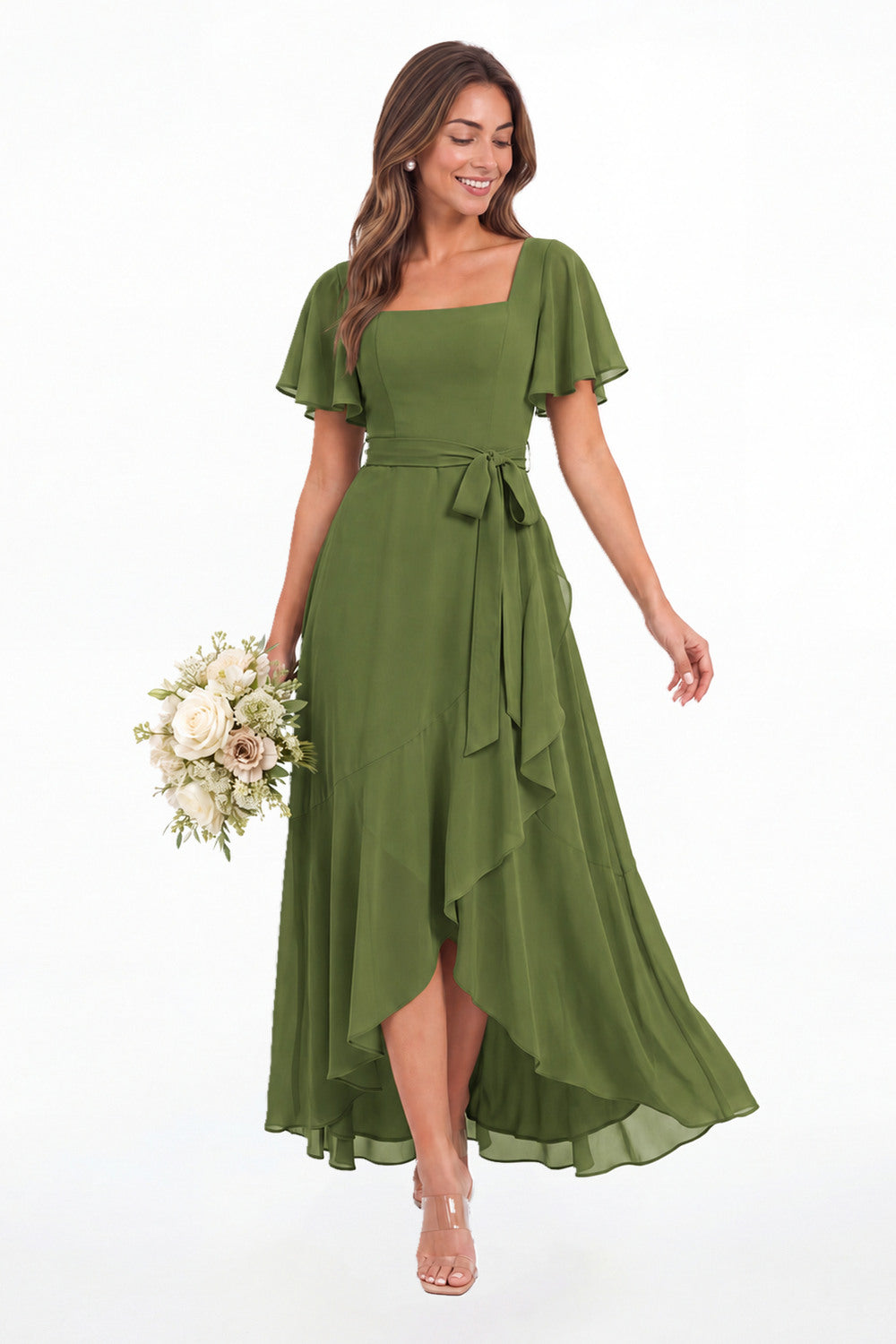Olive Green Flutter Sleeve Lace-Up Back Chiffon Maxi Dress - Front View