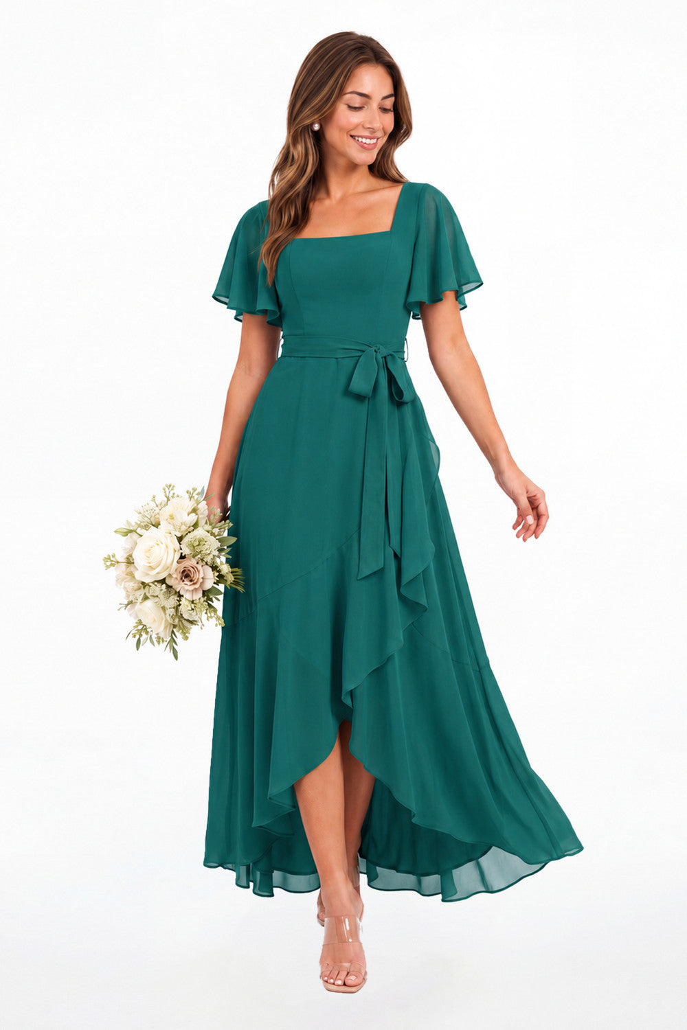 Peacock Flutter Sleeve Lace-Up Back Chiffon Maxi Dress - Front View