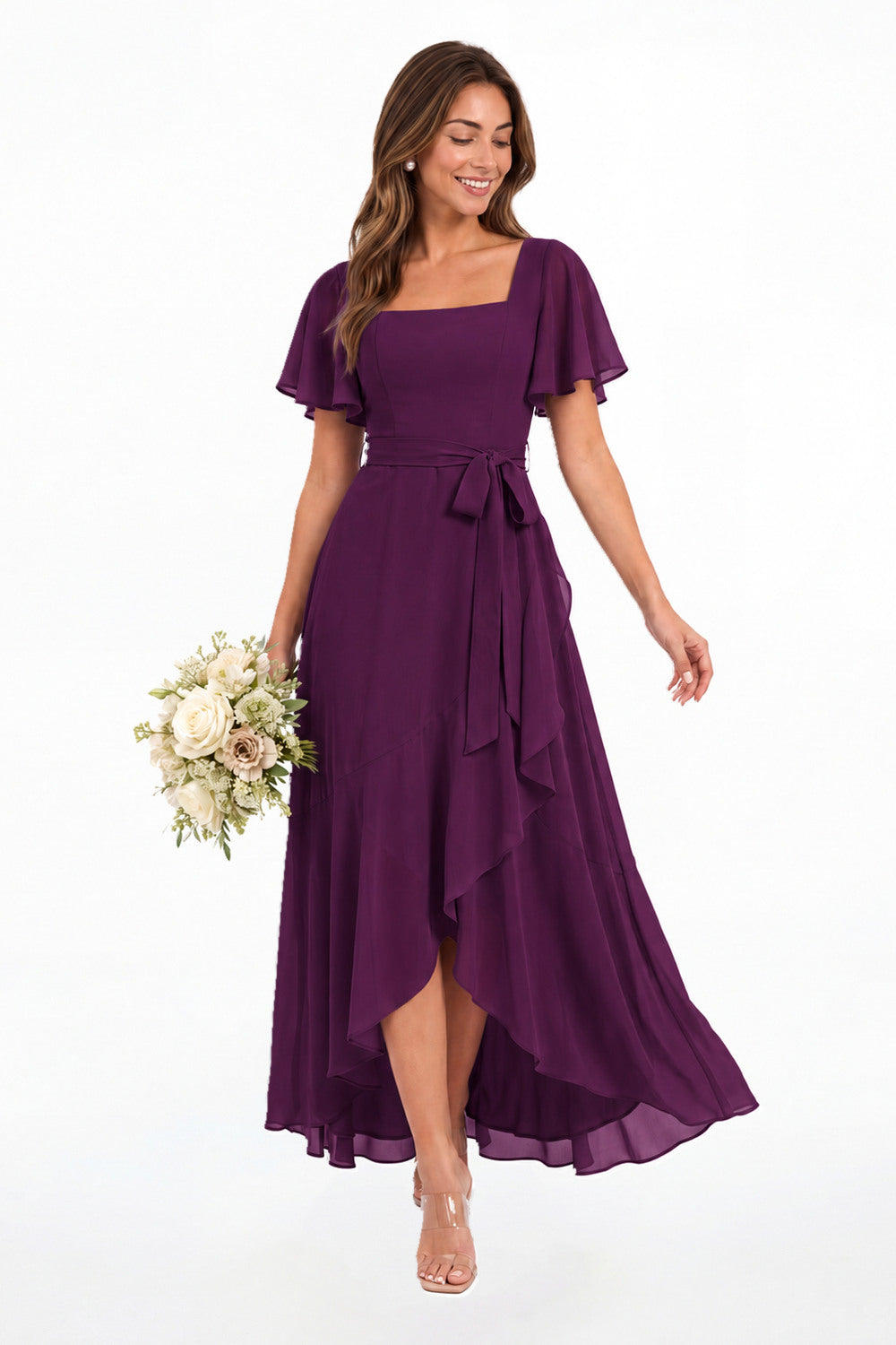 Plum Flutter Sleeve Lace-Up Back Chiffon Maxi Dress - Front View