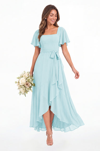 Sage Green Flutter Sleeve Lace-Up Back Chiffon Maxi Dress - Front View