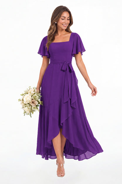Sage Green Flutter Sleeve Lace-Up Back Chiffon Maxi Dress - Front View