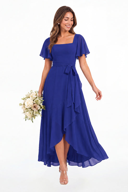 Royal Blue Flutter Sleeve Lace-Up Back Chiffon Maxi Dress - Front View