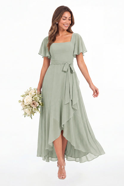 Sage Green Flutter Sleeve Lace-Up Back Chiffon Maxi Dress - Front View