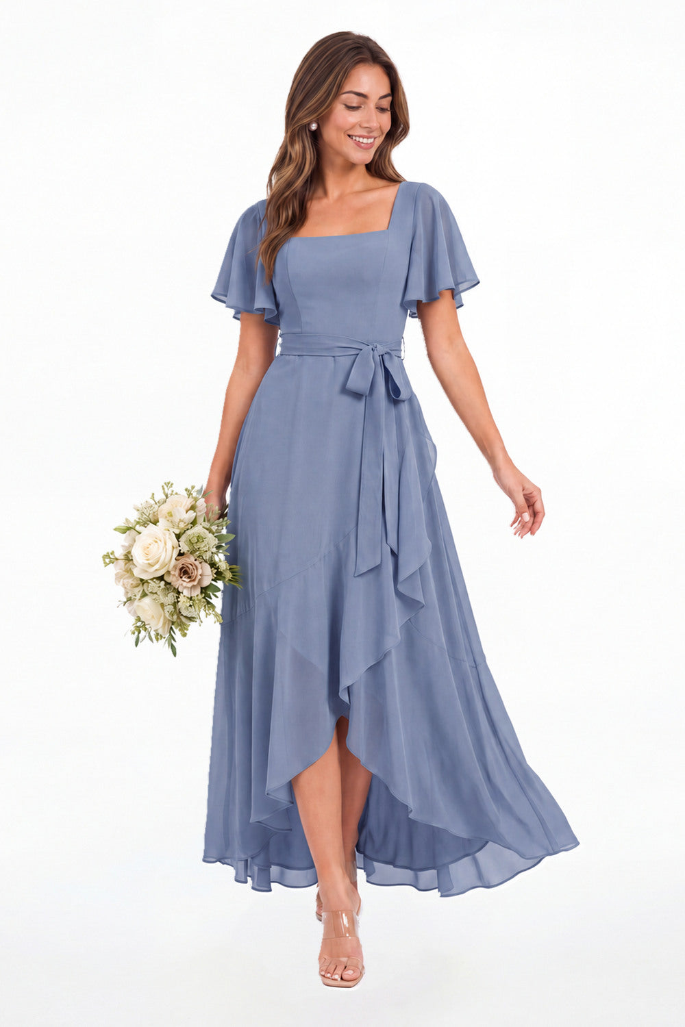 Sage Green Flutter Sleeve Lace-Up Back Chiffon Maxi Dress - Front View