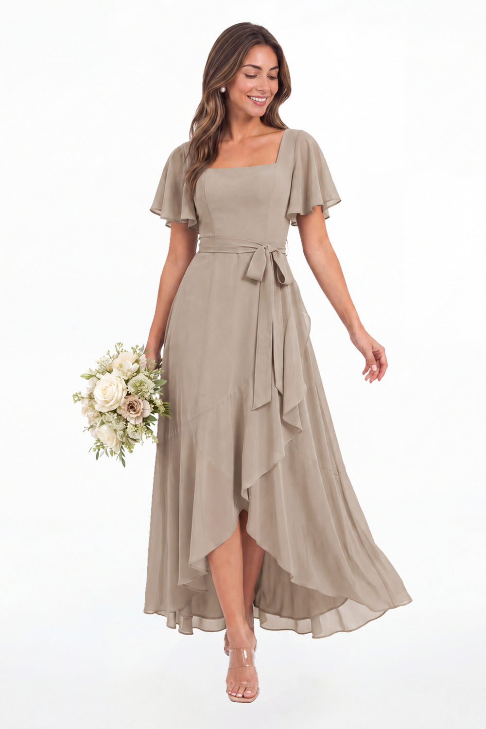 Taupe Flutter Sleeve Lace-Up Back Chiffon Maxi Dress - Front View