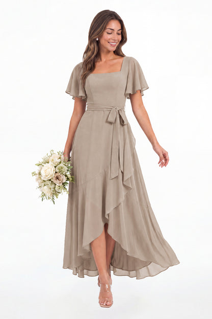 Taupe Flutter Sleeve Lace-Up Back Chiffon Maxi Dress - Front View